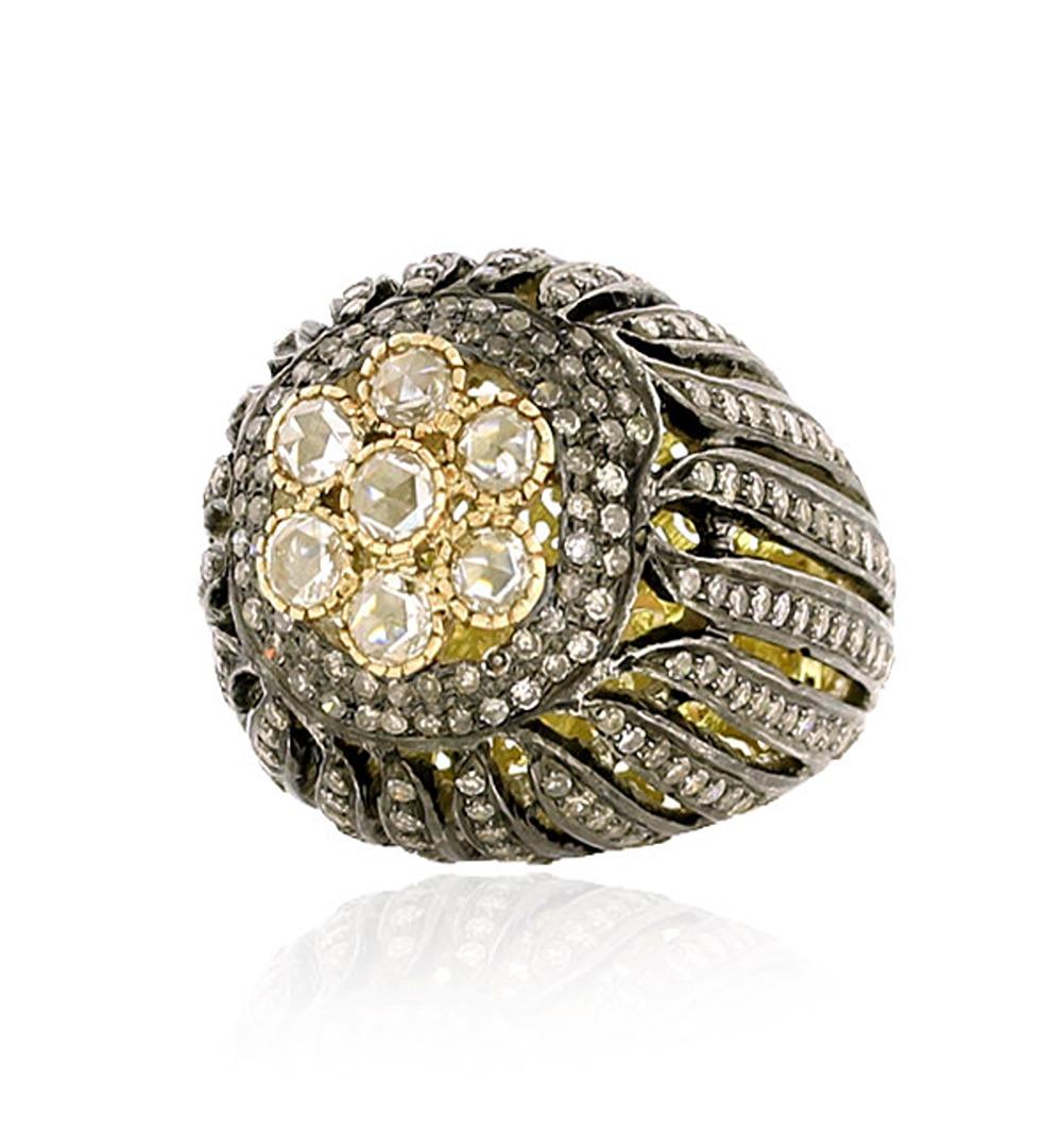 Mixed Cut Rose Cut & Pave Diamonds Ring in 14k Yellow Gold with Overall Filigree Work For Sale