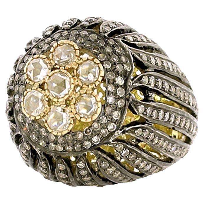 Rose Cut & Pave Diamonds Ring in 14k Yellow Gold with Overall Filigree Work