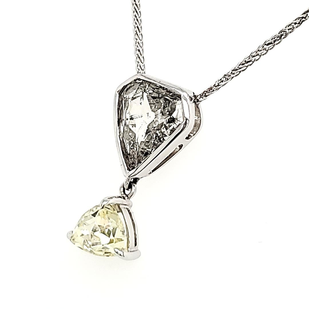 Women's Rose Cut Pear Diamond and Triangular Shape Diamond Drop Necklace with 18k White  For Sale