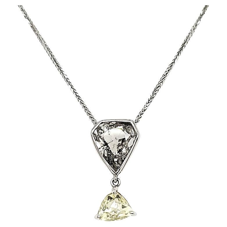 Rose Cut Pear Diamond and Triangular Shape Diamond Drop Necklace with 18k White  For Sale