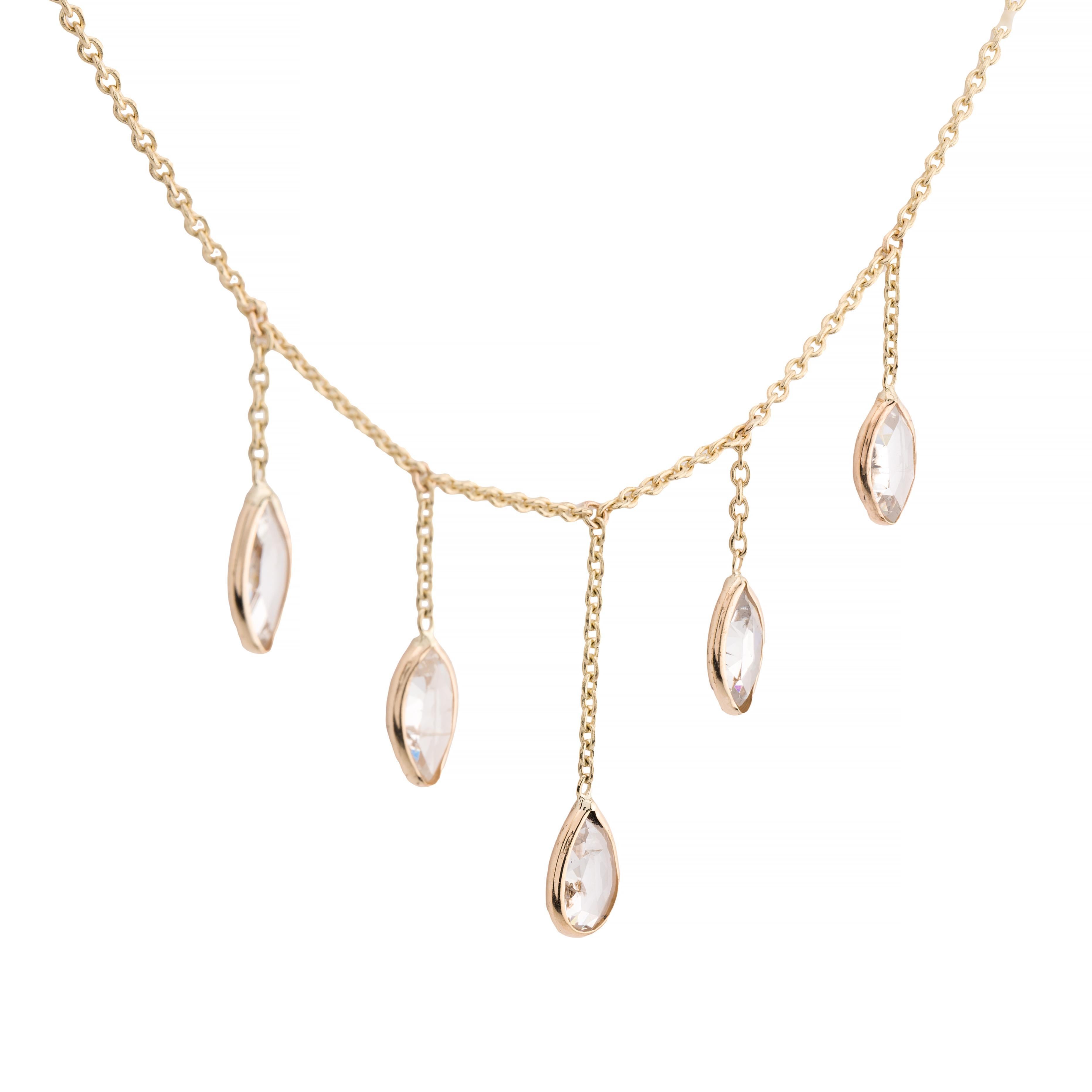 Victorien Collier à franges en or jaune 14K avec diamants en forme de poire et de marquise taillés en rose en vente