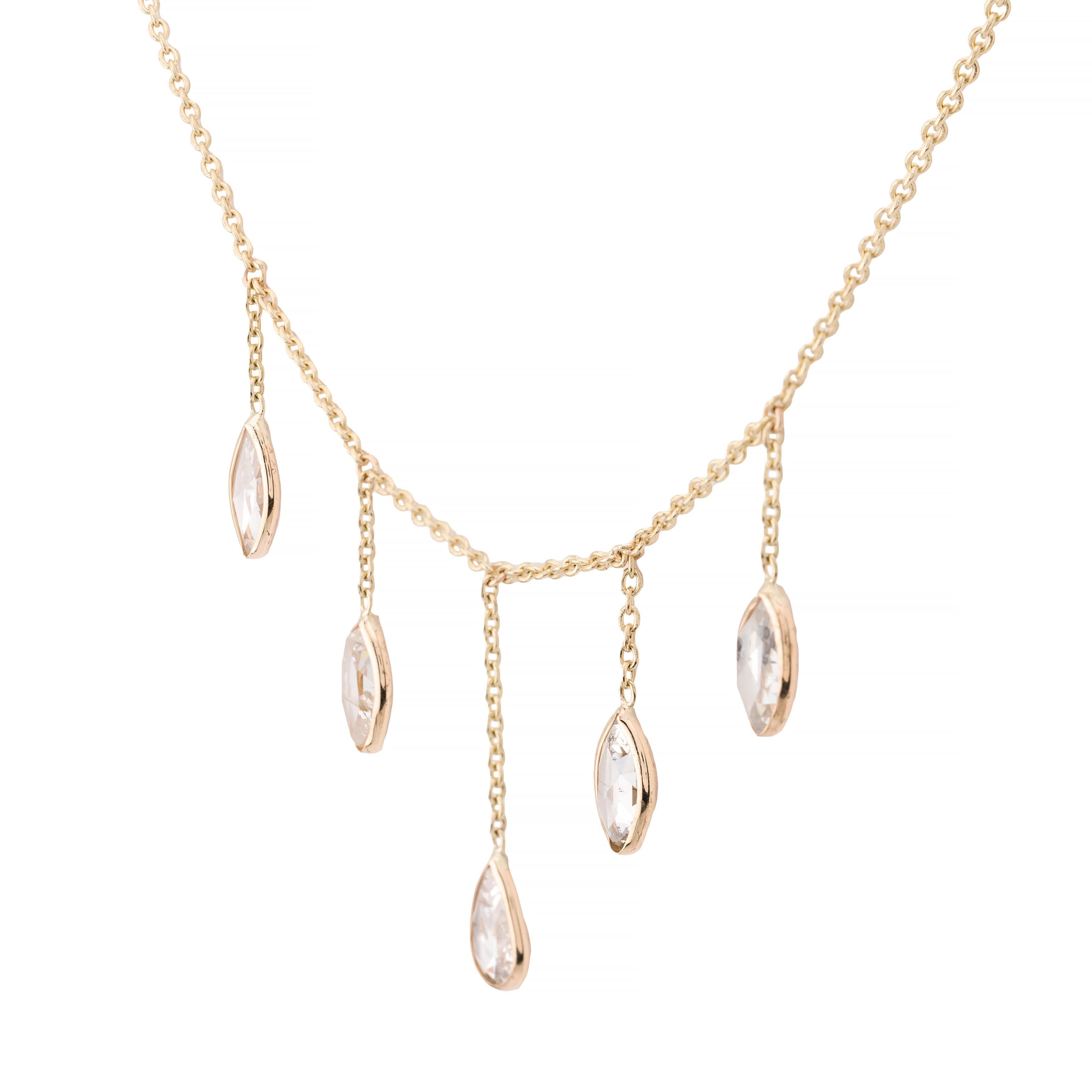 Taille poire Collier à franges en or jaune 14K avec diamants en forme de poire et de marquise taillés en rose en vente