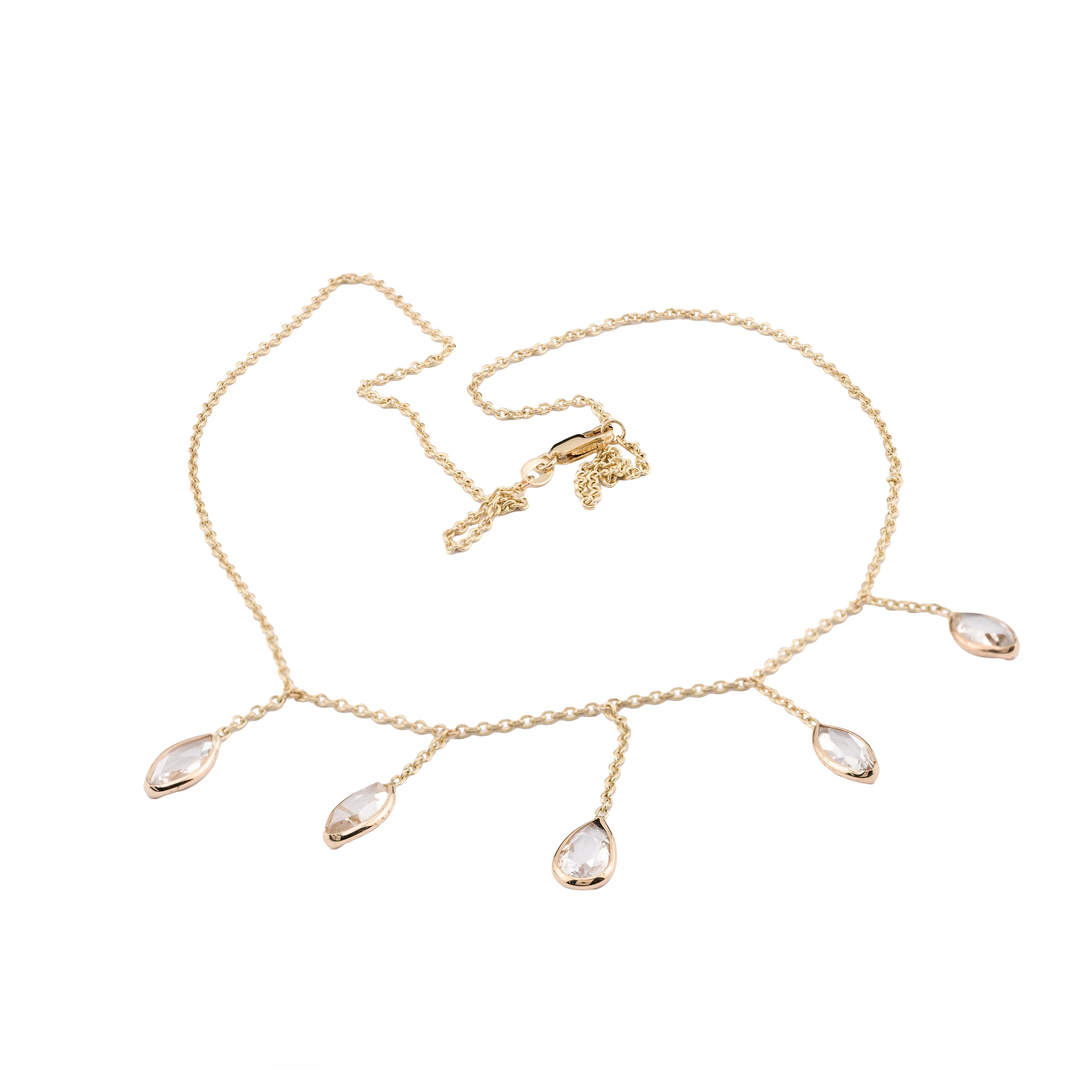 Collier à franges en or jaune 14K avec diamants en forme de poire et de marquise taillés en rose Excellent état - En vente à Boston, MA