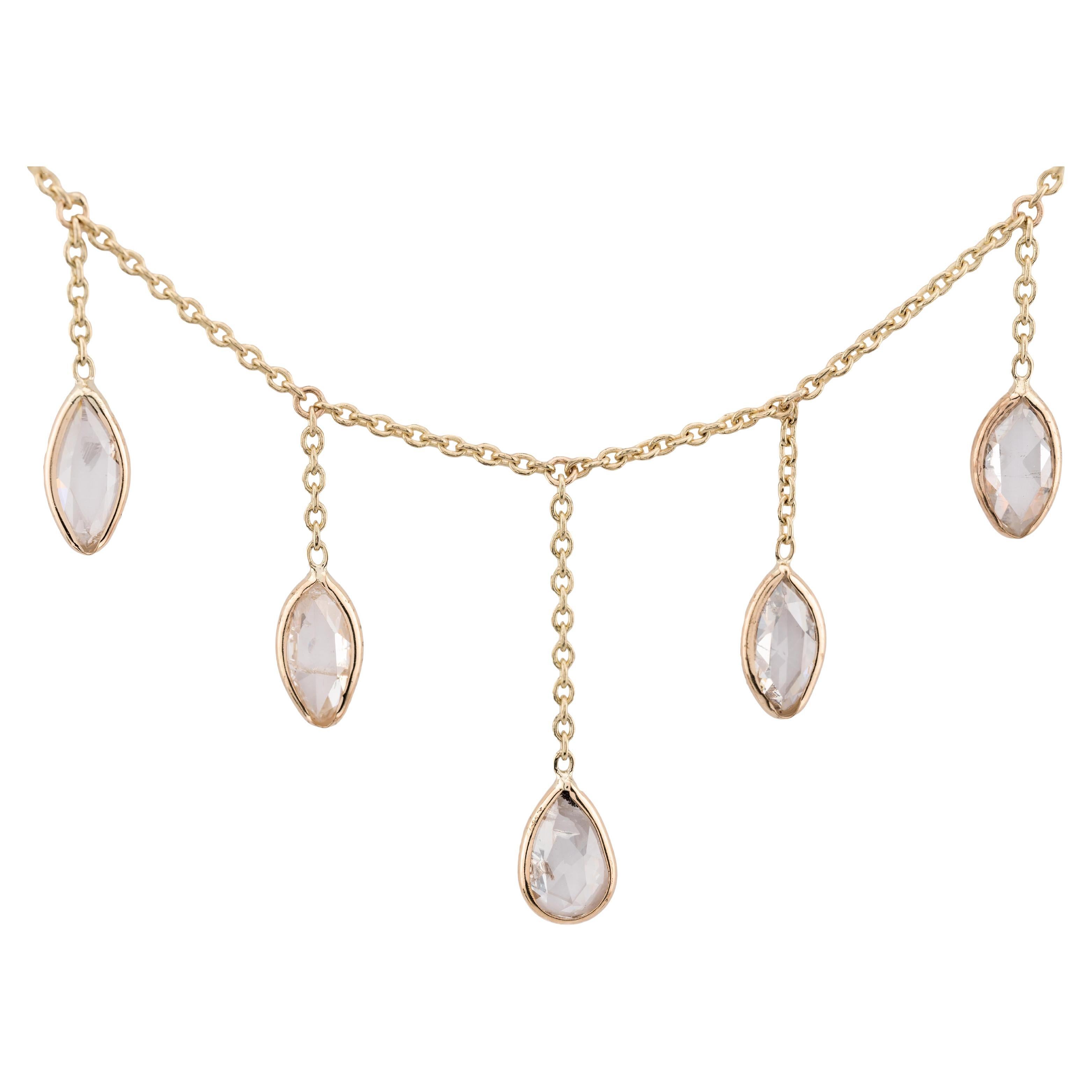Halskette mit Fransen aus 14 Karat Gelbgold mit Diamanten im Rosenschliff in Birnen- und Marquise-Form