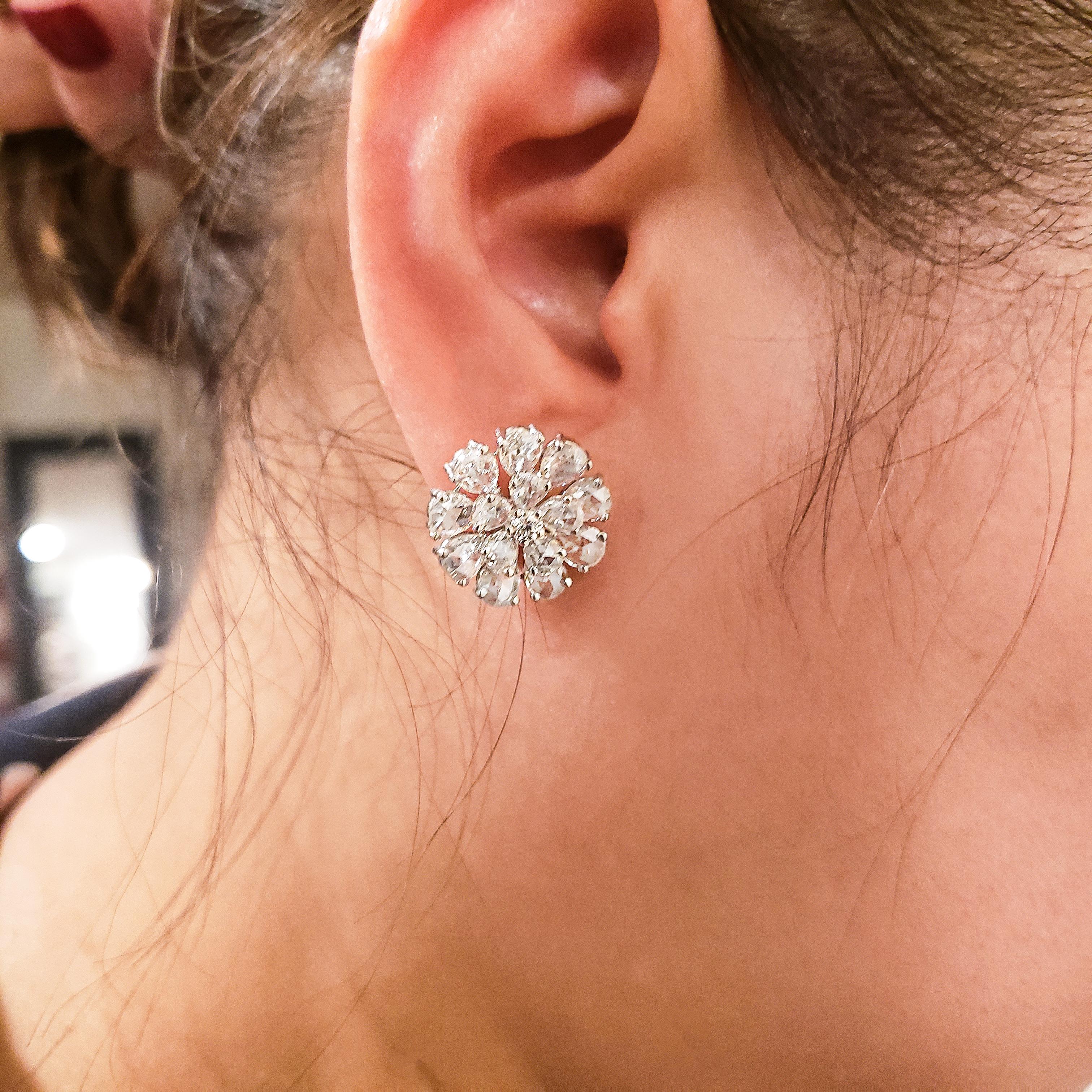 Women's or Men's Rose Cut Pear Shape Diamond Flower Earrings For Sale