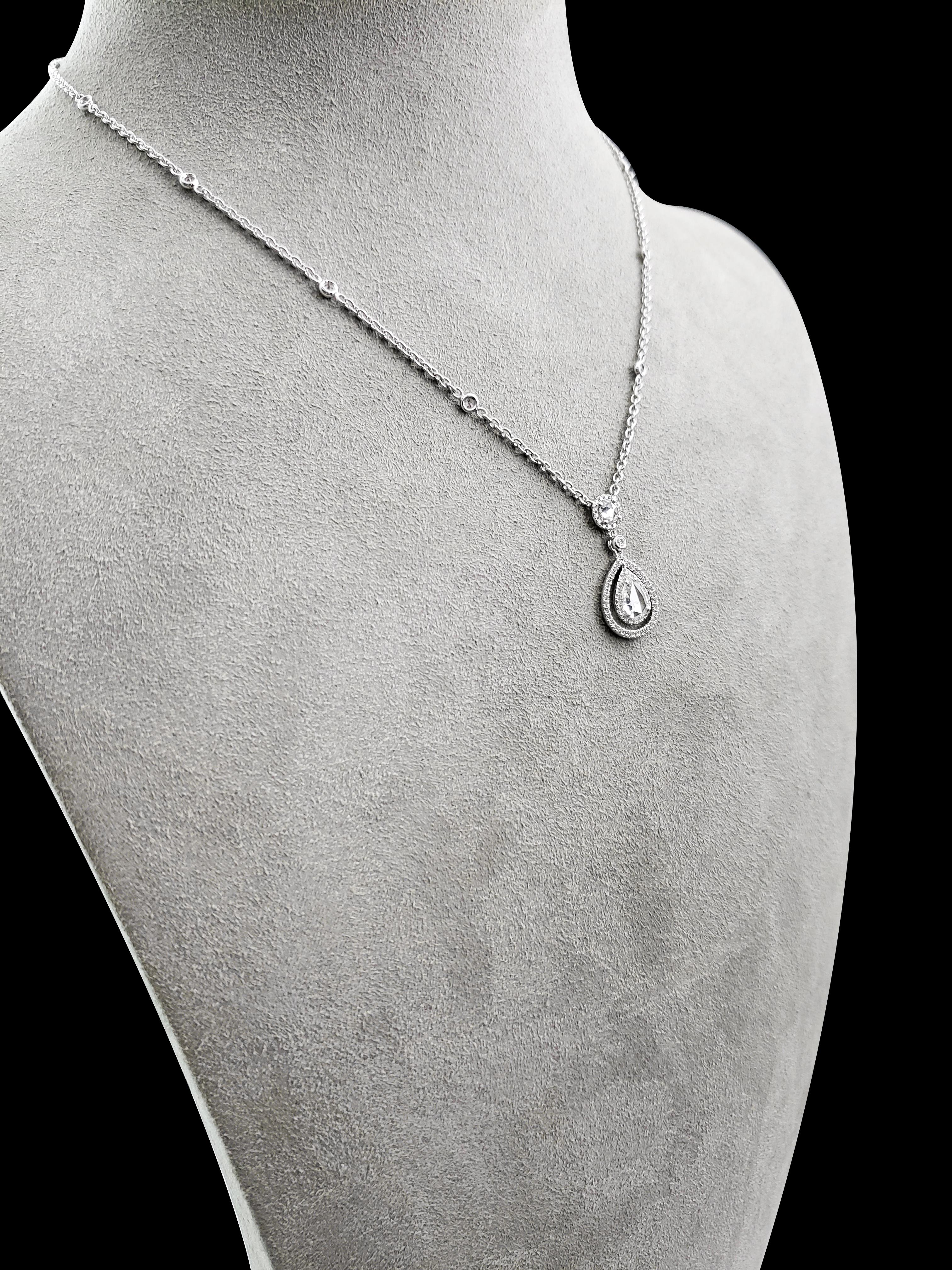 Contemporary Roman Malakov, Rose Cut Pear Shape Diamond Halo Drop Pendant Necklace