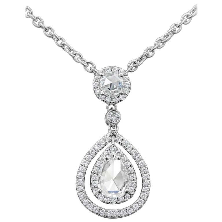 Roman Malakov, Rose Cut Pear Shape Diamond Halo Drop Pendant Necklace