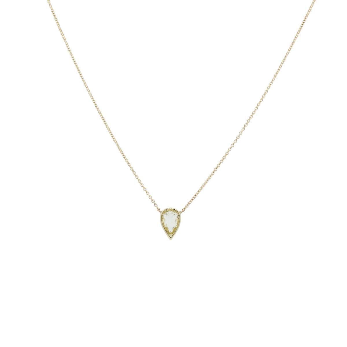 Material: 14k yellow gold
Diamond Details: Rose cut pear shape diamond approximately 1 carat.
Measurements: Necklace measures 16.25″
Pendant Measurements: 0.40″ x 0.10″ x 0.27″
Fastening: Lobster claw clasp
Item Weight: 1.9g (1.2dwt)
Additional