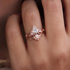 Rose Cut Pear Shape Tropical Nature Solitaire Bridal Ring Set, Champagne Diamond