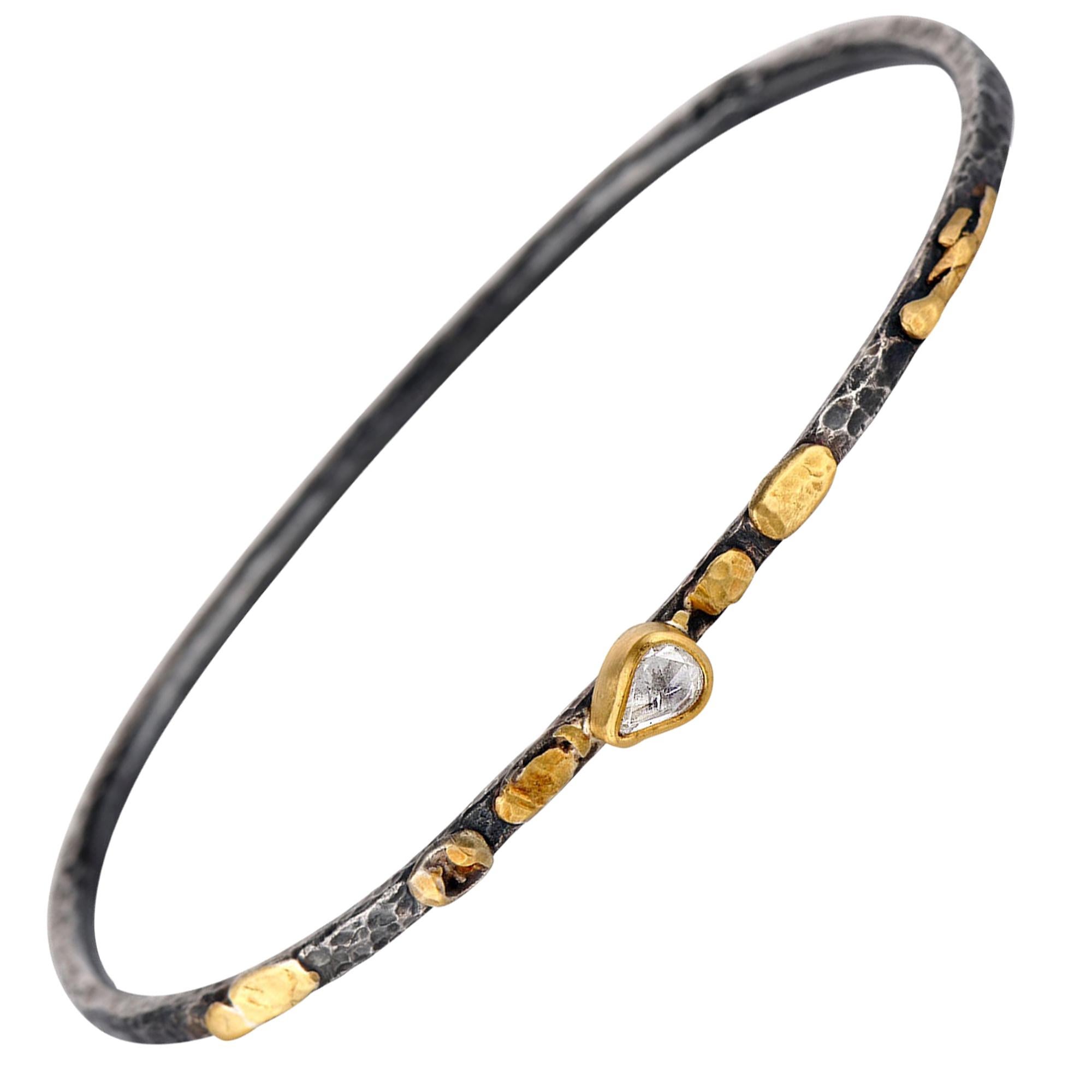Rose Cut Pear White Diamond Mixed Metal Sterling Silver and Gold Bangle Bracelet