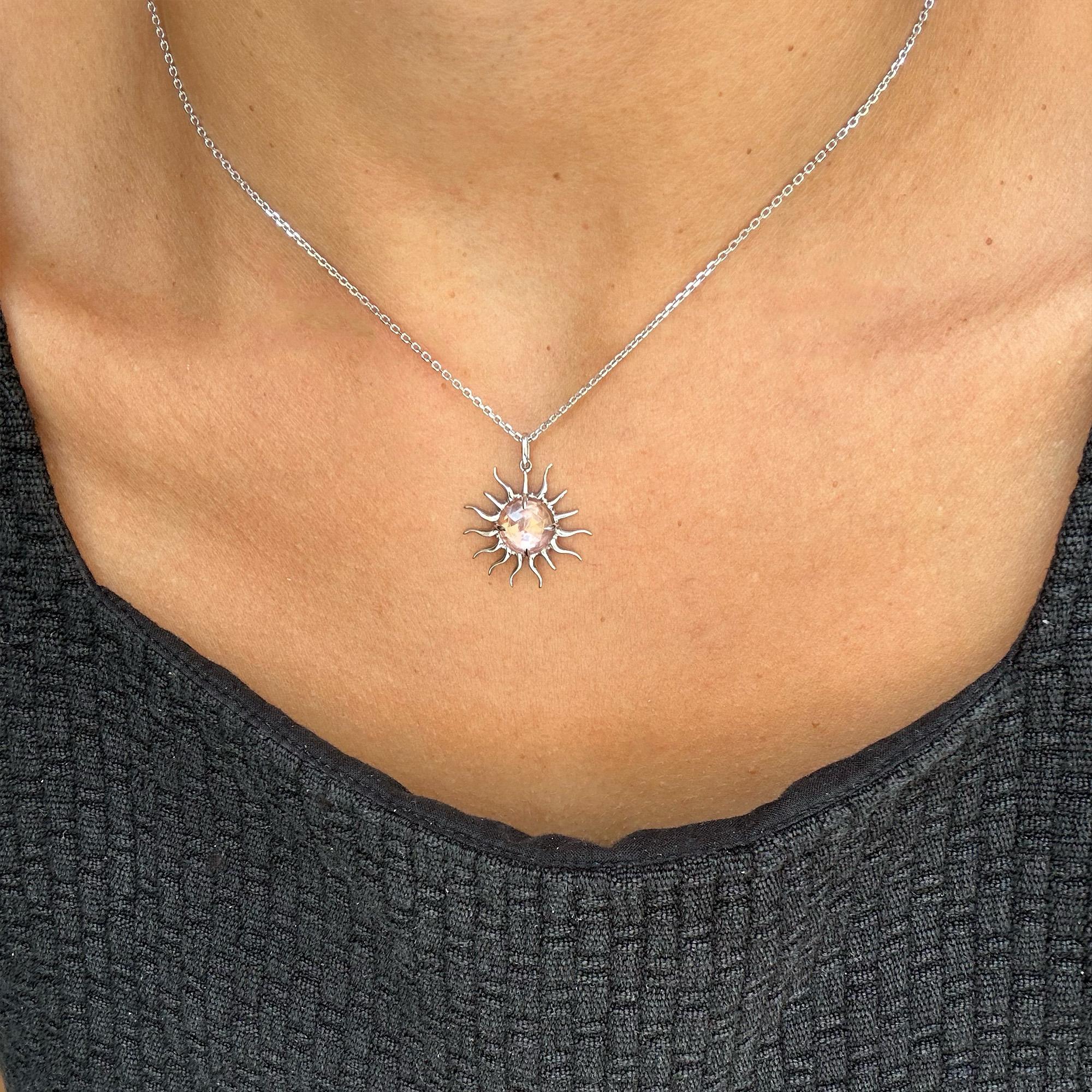 Modern Rose Cut Pink Peach Morganite Sun Pendant, 10kt White Gold with Paper-Link Chain For Sale