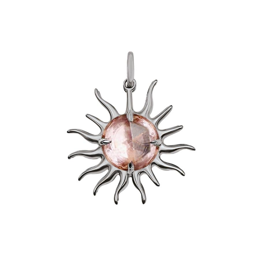 Rose Cut Pink Peach Morganite Sun Pendant, 10kt White Gold with Paper-Link Chain For Sale