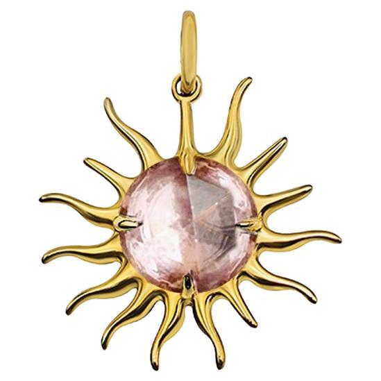Rose Cut Pink Peach Morganite Sun Pendant, 10kt YG with Paper-Link Chain For Sale