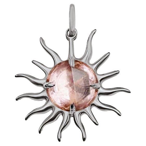 Rose Cut Pink Peach Morganite Sun Pendant, 18kt White Gold with Paper-Link Chain