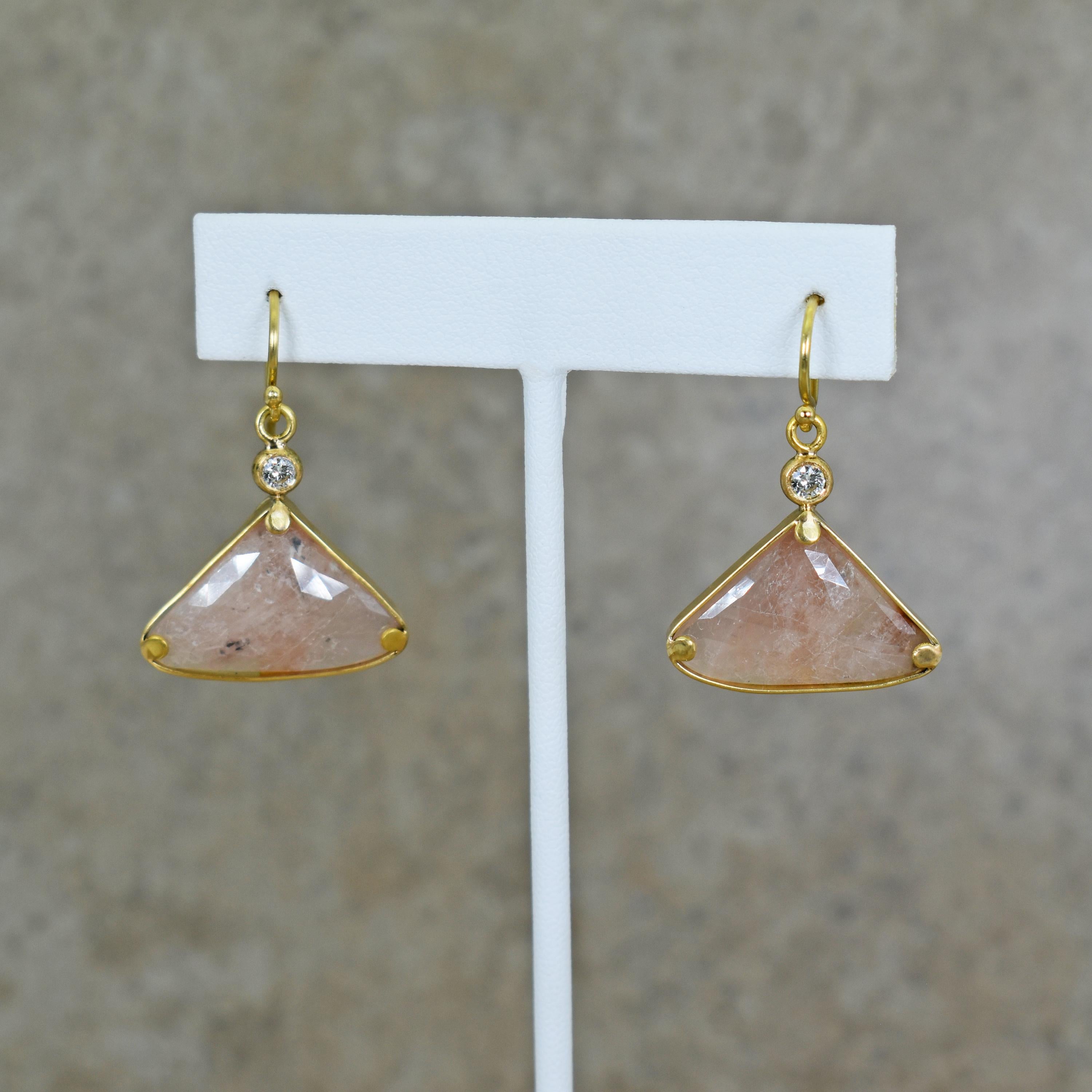Rose-cut, 23.2 carat total weight light Pink Sapphire and 0.24 carat total weight accent white Diamond 18k yellow gold dangle drop earrings. Dangle earrings are 1.25 inches in length.