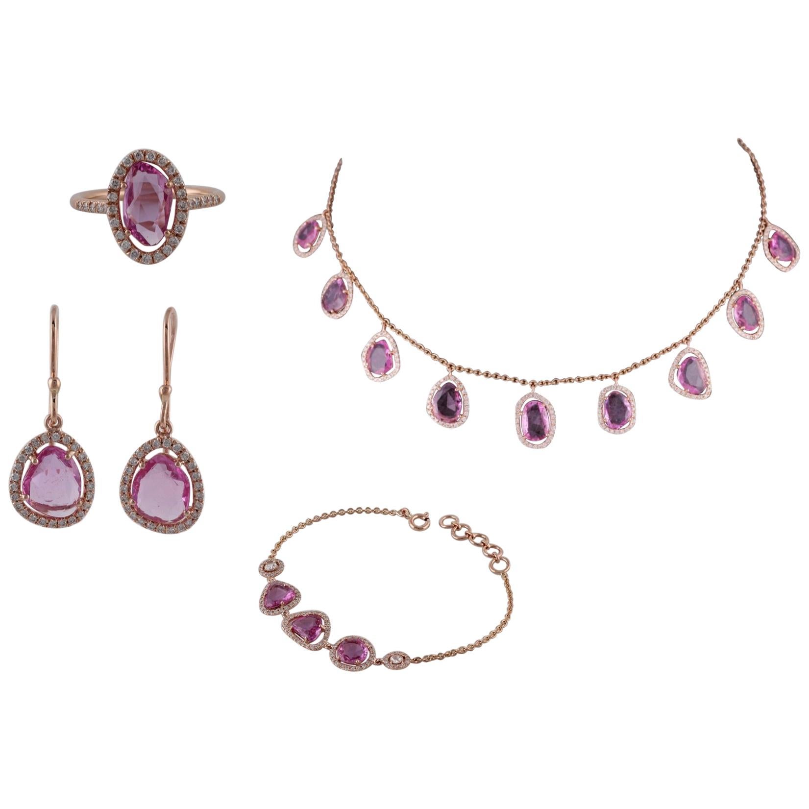 Rose Cut Pink Sapphire and Diamond 18 Karat Rose Gold Suite