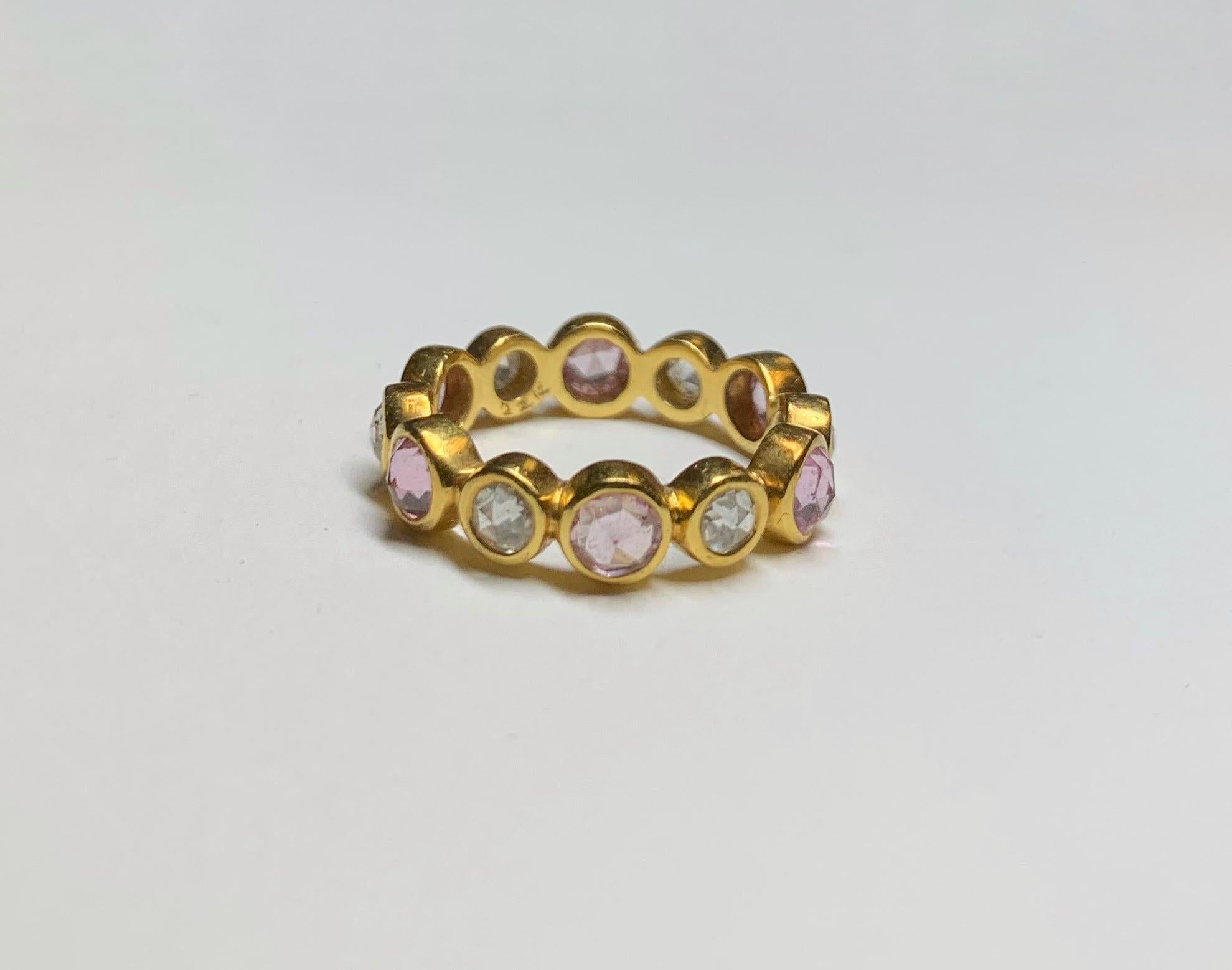 Rose Cut Pink Sapphire and Diamond Eternity Ring, 22 Karat Gold, A2 by Arunashi In New Condition For Sale In Beverly Hills, CA