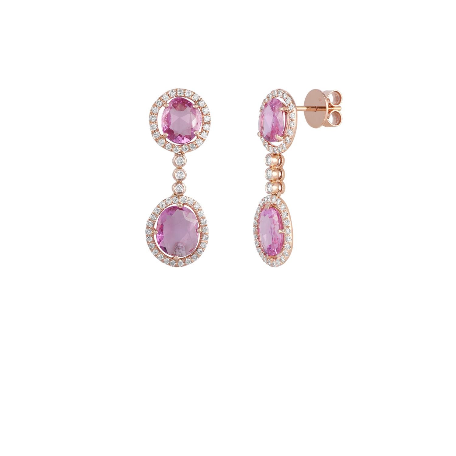 Contemporary Rose Cut Pink Sapphire and Diamond Earring Studded in 18 Karat Rose Gold