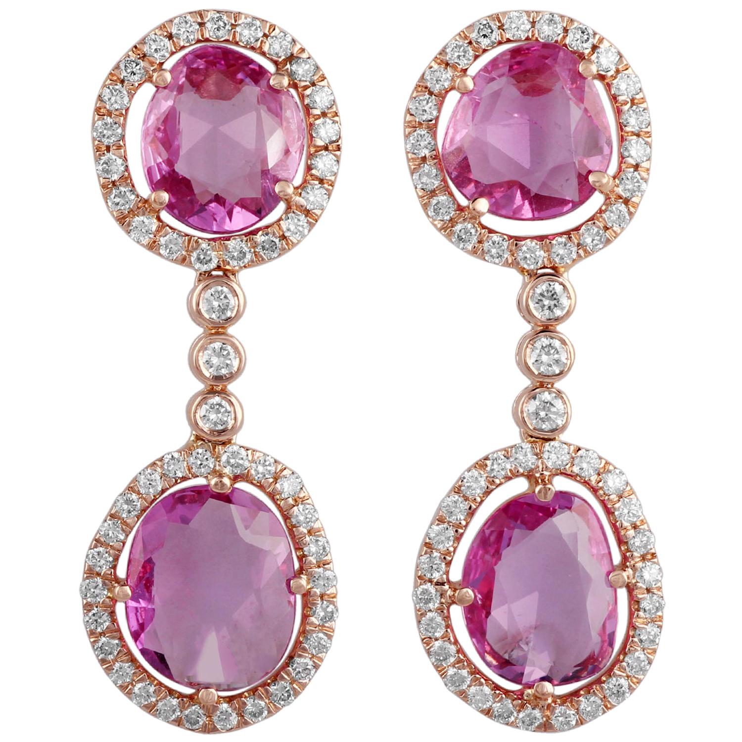 Rose Cut Pink Sapphire and Diamond Earring Studded in 18 Karat Rose Gold