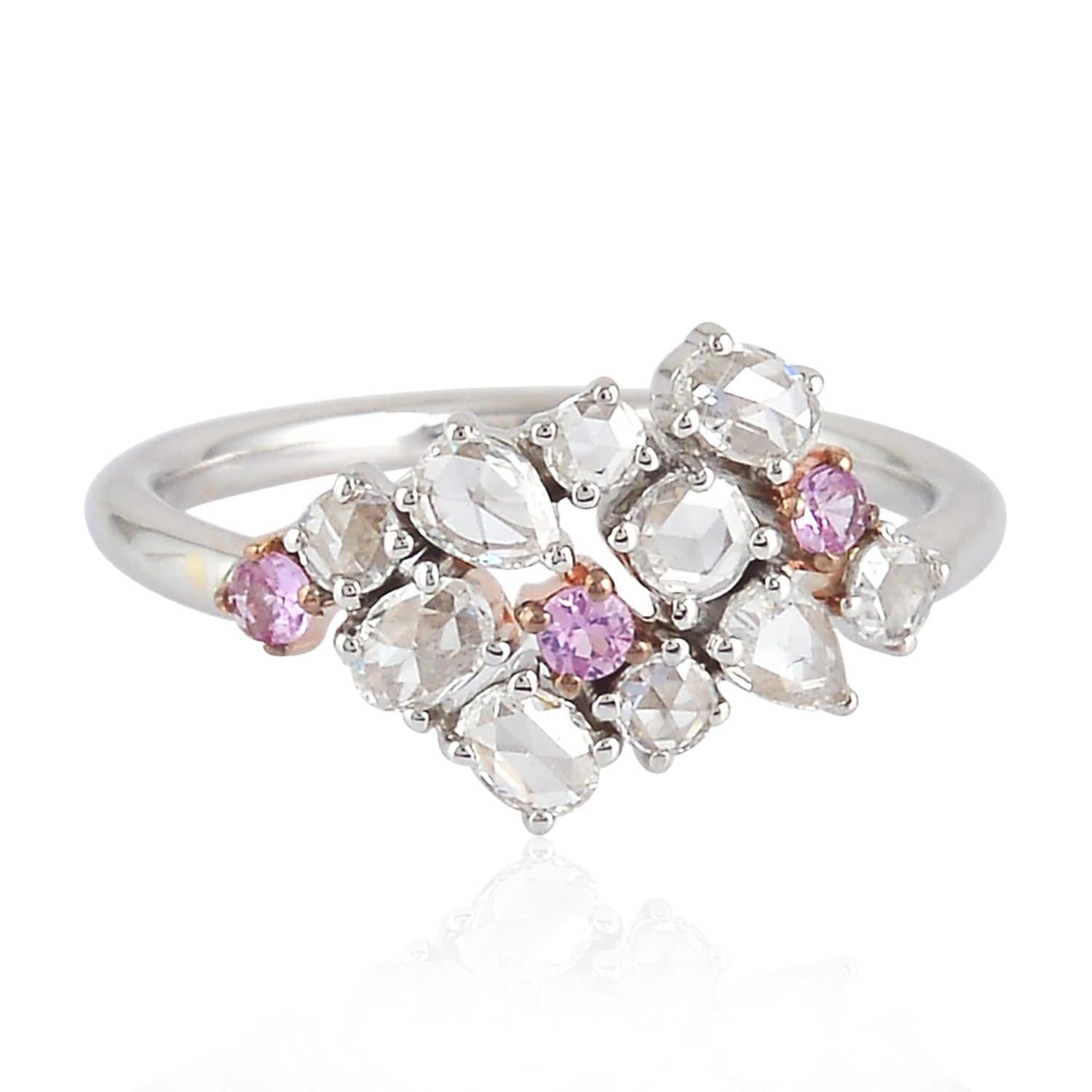 Taglio misto Anello con zaffiro rosa e diamanti in oro bianco 18 ct. in vendita