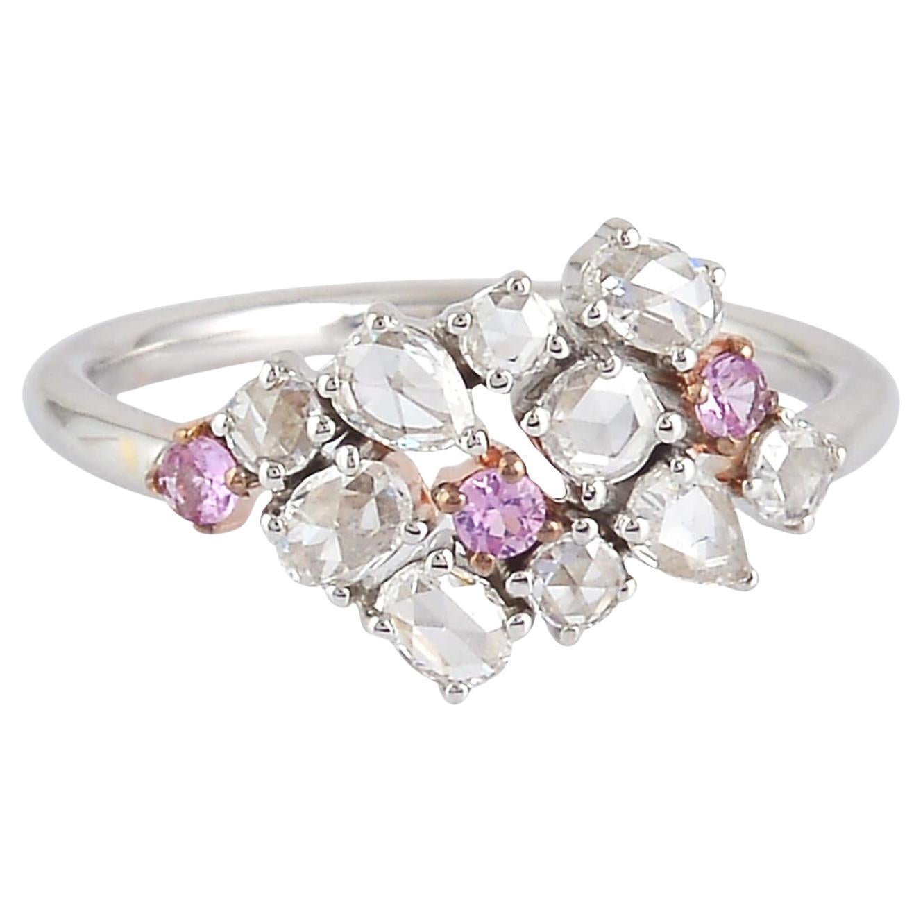 Rose Cut Pink Sapphire & Diamonds Ring Made In 18k White Gold