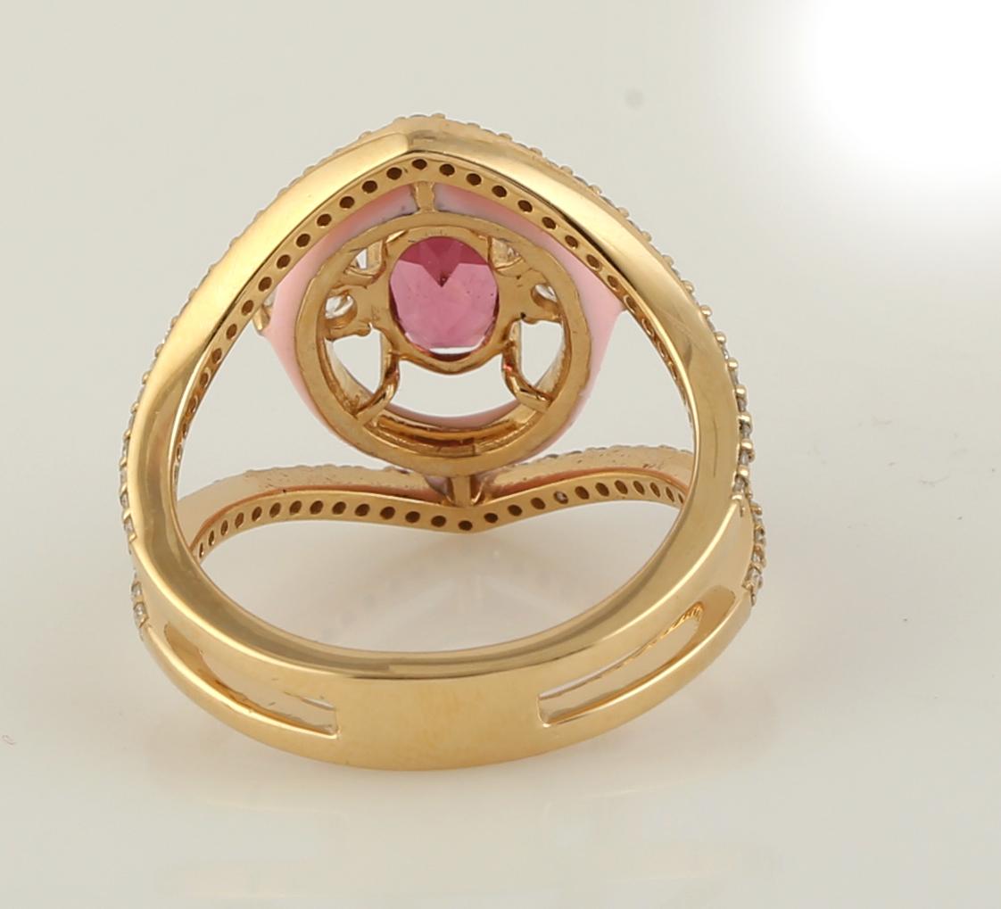 Contemporary Rose Cut Pink Tourmaline Ring w/ Pink Enamel & Diamonds Made In 18k Yellow Gold For Sale