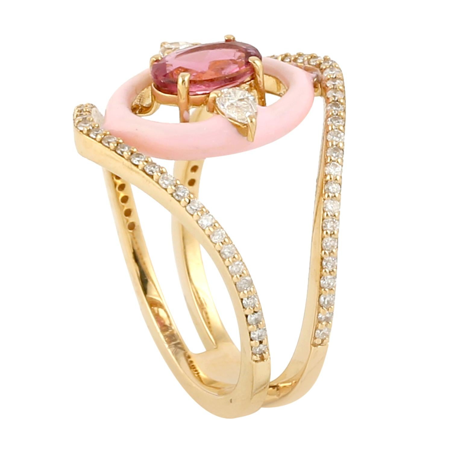 Contemporary Rose Cut Pink Tourmaline Ring w/ Pink Enamel & Diamonds Made In 18k Yellow Gold For Sale