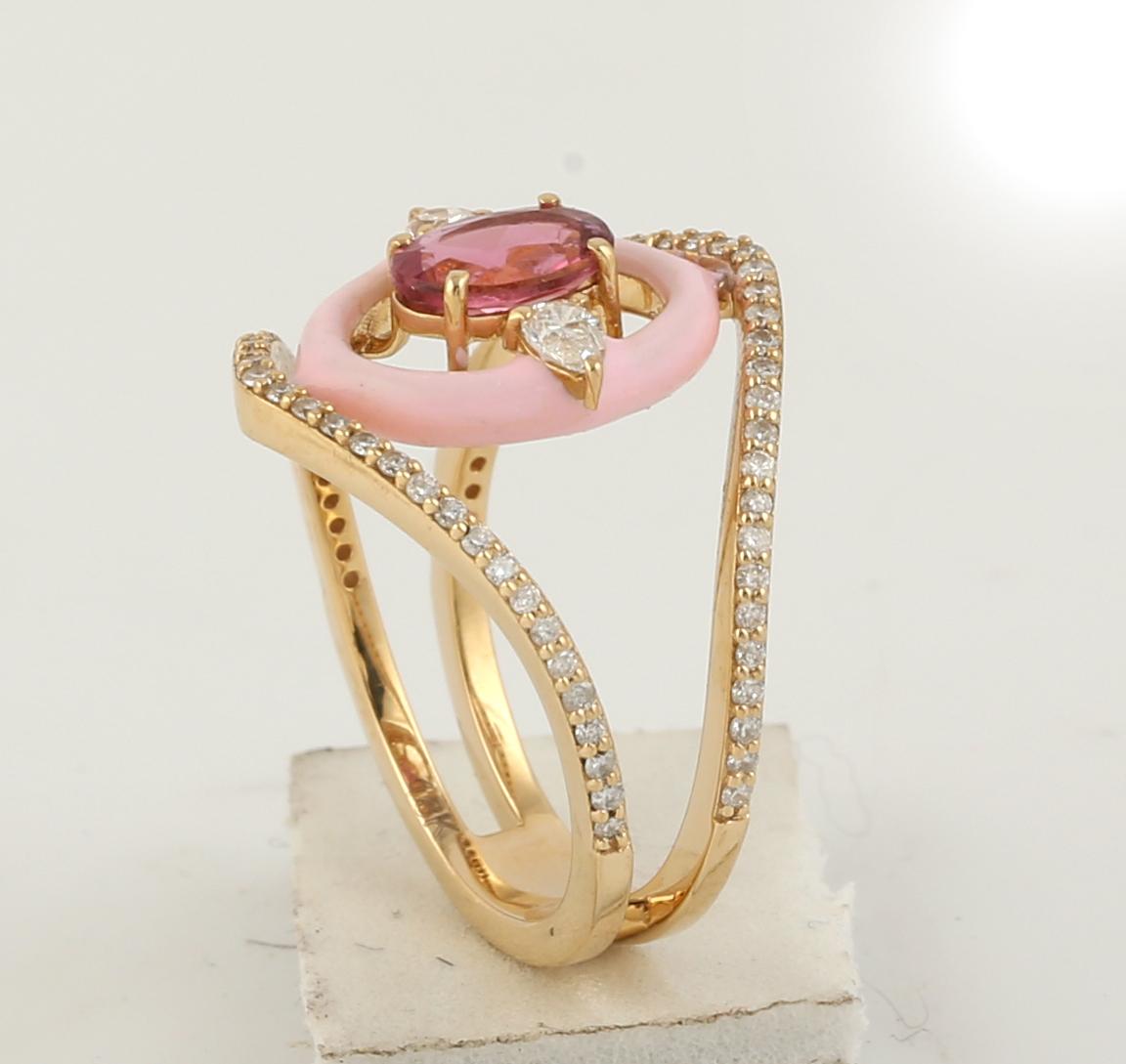 Mixed Cut Rose Cut Pink Tourmaline Ring w/ Pink Enamel & Diamonds Made In 18k Yellow Gold For Sale