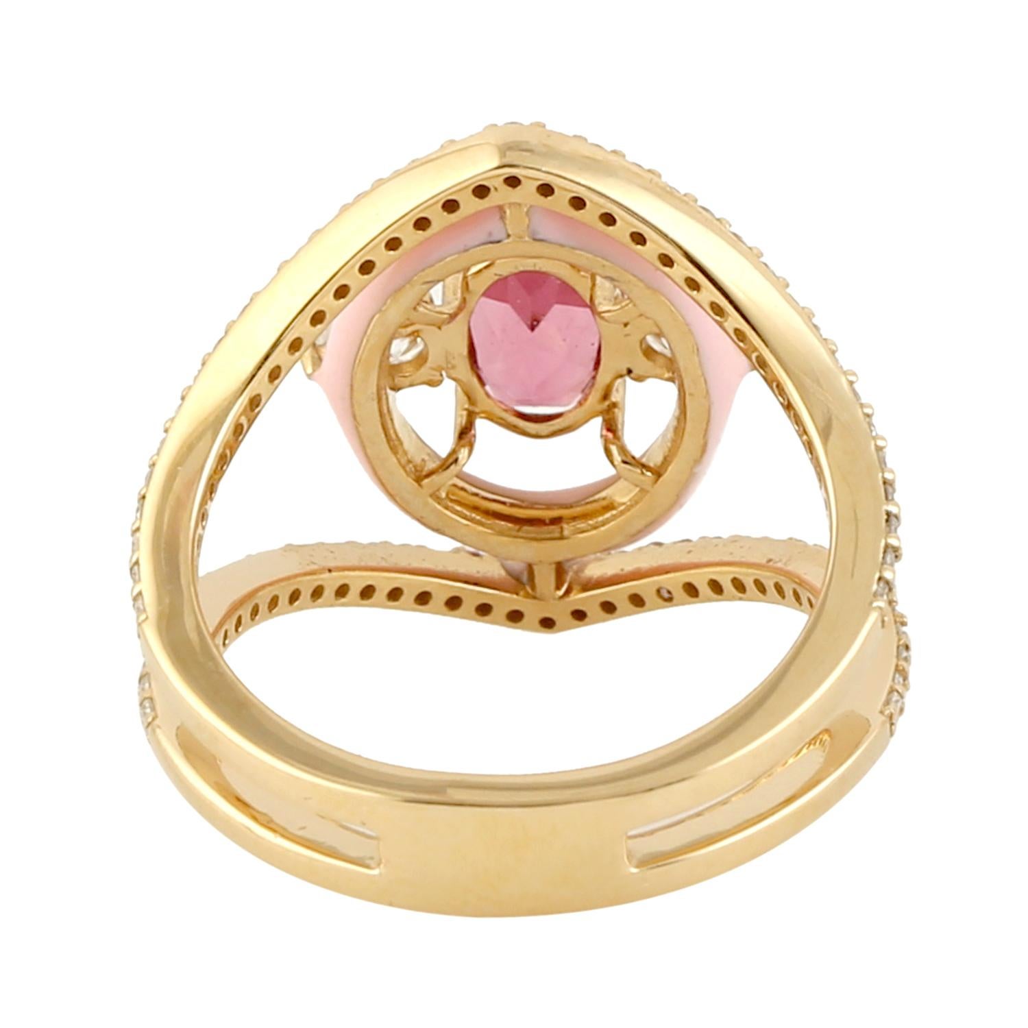 Mixed Cut Rose Cut Pink Tourmaline Ring w/ Pink Enamel & Diamonds Made In 18k Yellow Gold For Sale