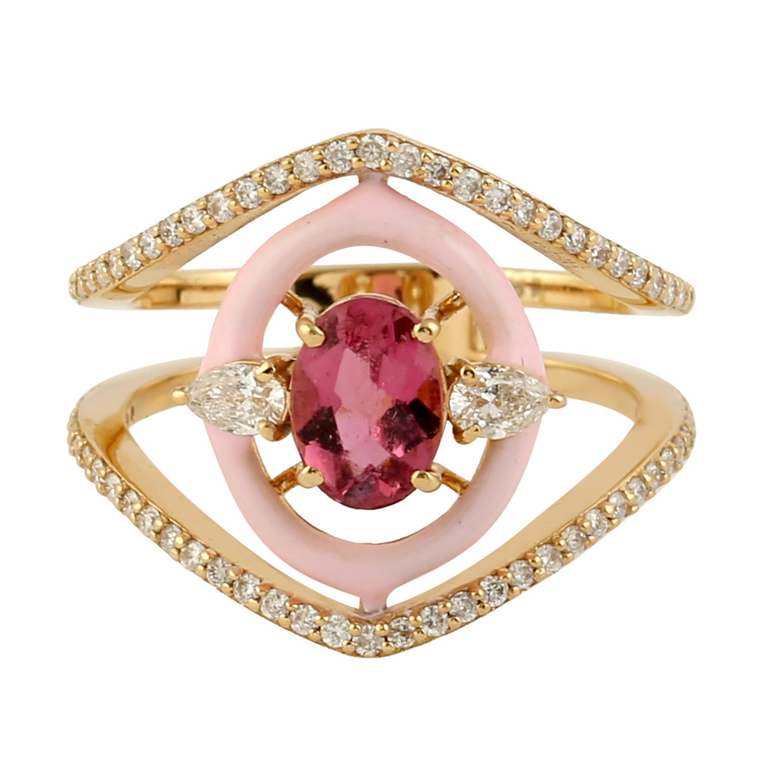 Rose Cut Pink Tourmaline Ring w/ Pink Enamel & Diamonds Made In 18k Yellow Gold In New Condition For Sale In New York, NY