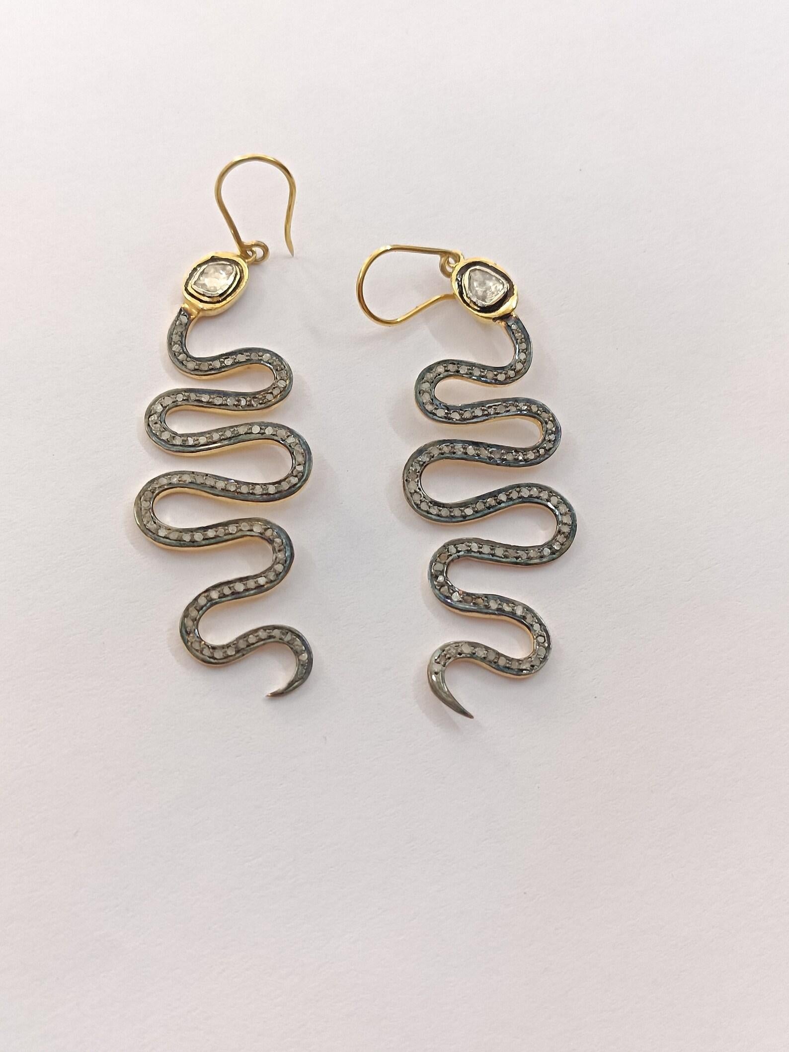Ohrringe im Rosenschliff Polki Diamant-Haken-Ohrring 925 Sterlingsilber Schlange 1 Paar Ohrringe. im Angebot 4