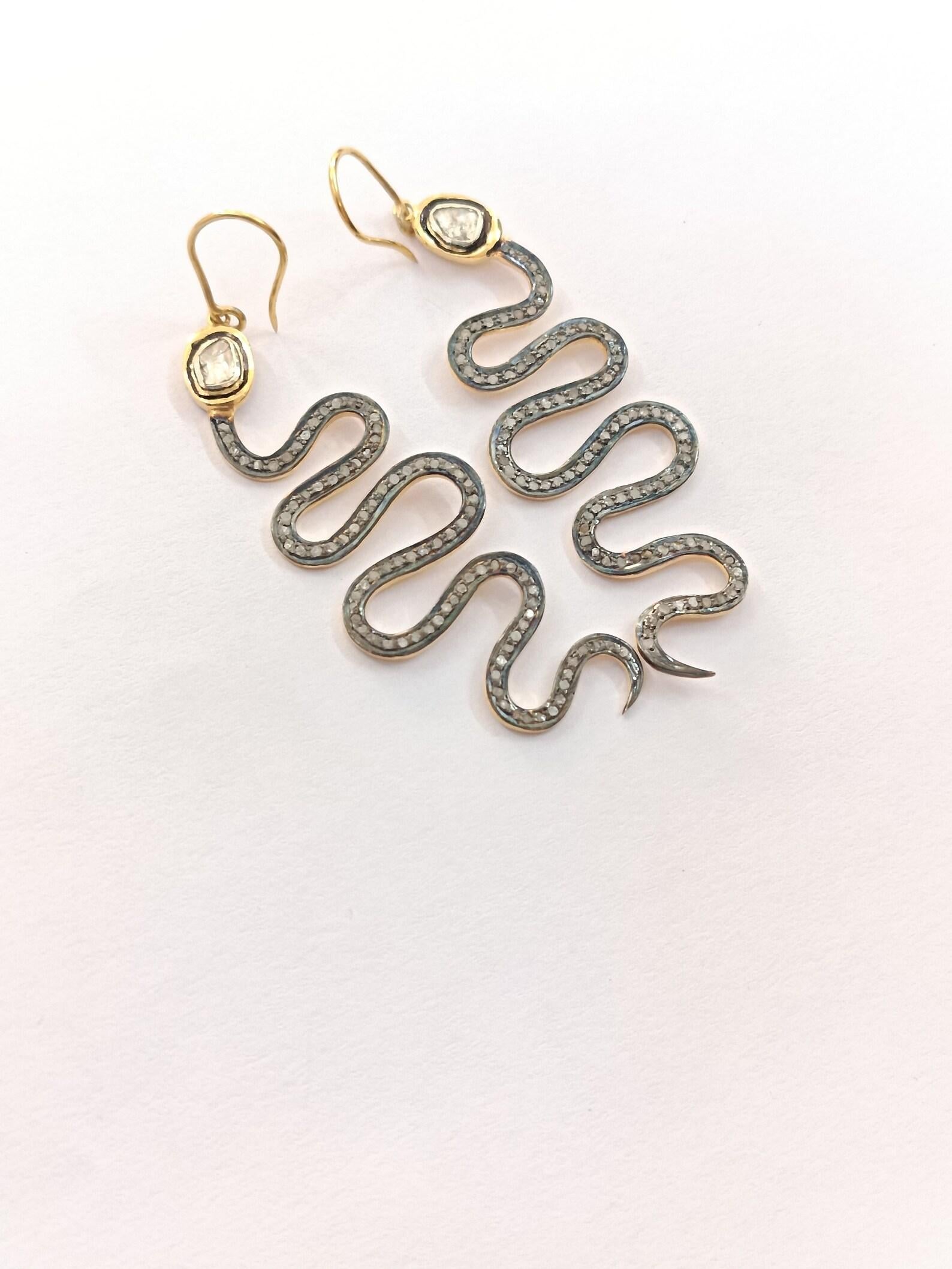 Ohrringe im Rosenschliff Polki Diamant-Haken-Ohrring 925 Sterlingsilber Schlange 1 Paar Ohrringe. im Angebot 5
