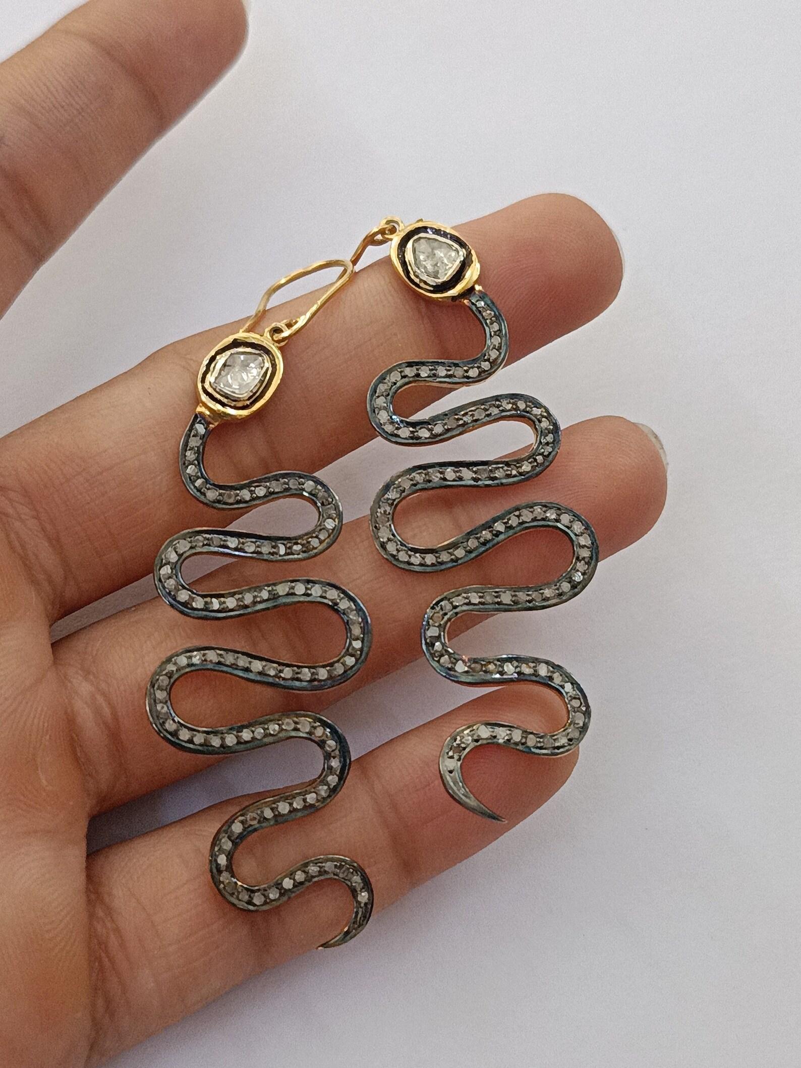 Ohrringe im Rosenschliff Polki Diamant-Haken-Ohrring 925 Sterlingsilber Schlange 1 Paar Ohrringe. im Angebot 7