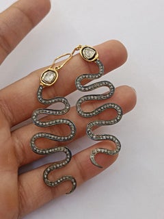 Rose Cut Polki Diamond Hook Earring 925 Sterling Silver Snake 1 Pair Earrings.