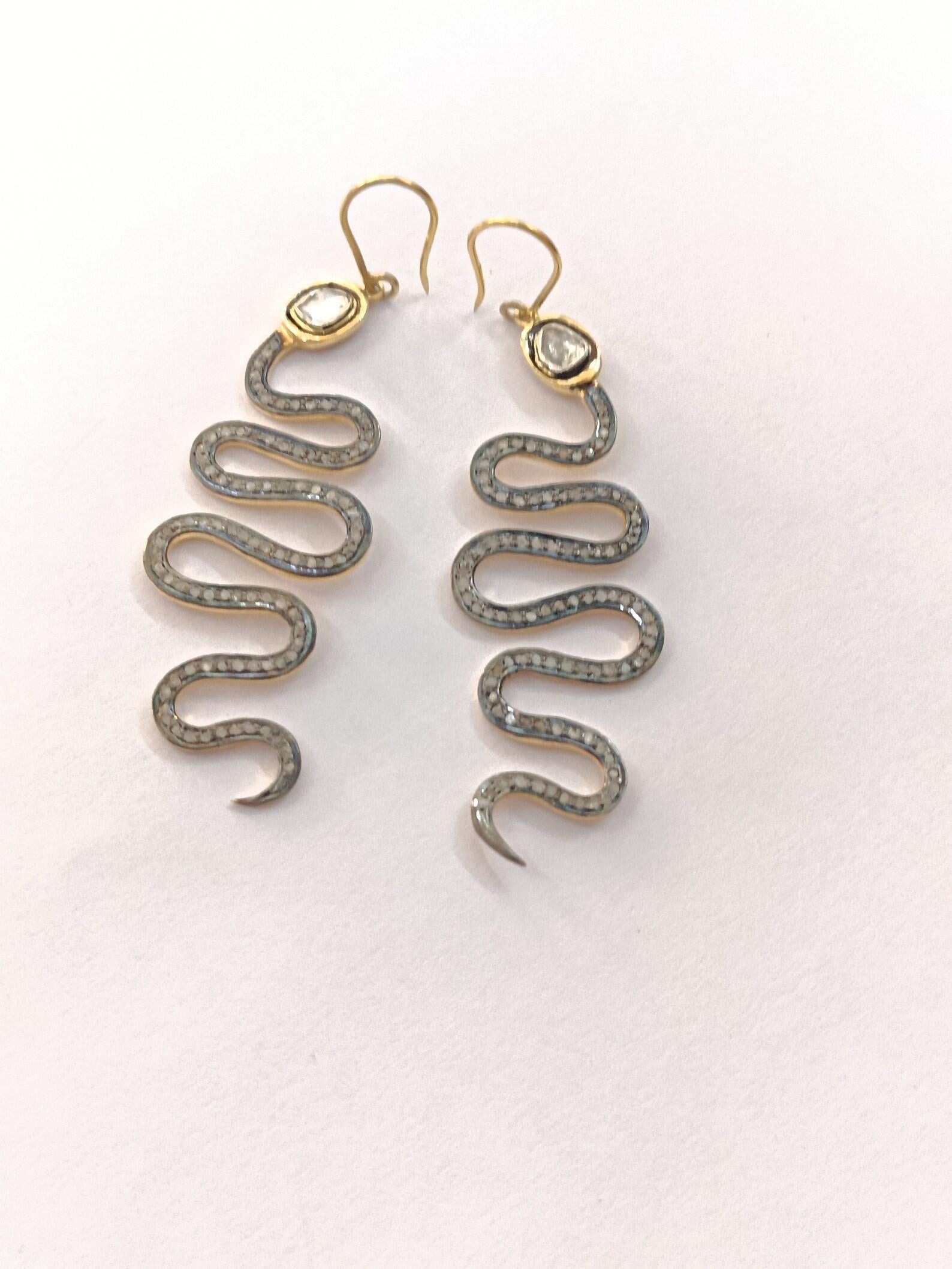 Ohrringe im Rosenschliff Polki Diamant-Haken-Ohrring 925 Sterlingsilber Schlange 1 Paar Ohrringe. Damen im Angebot