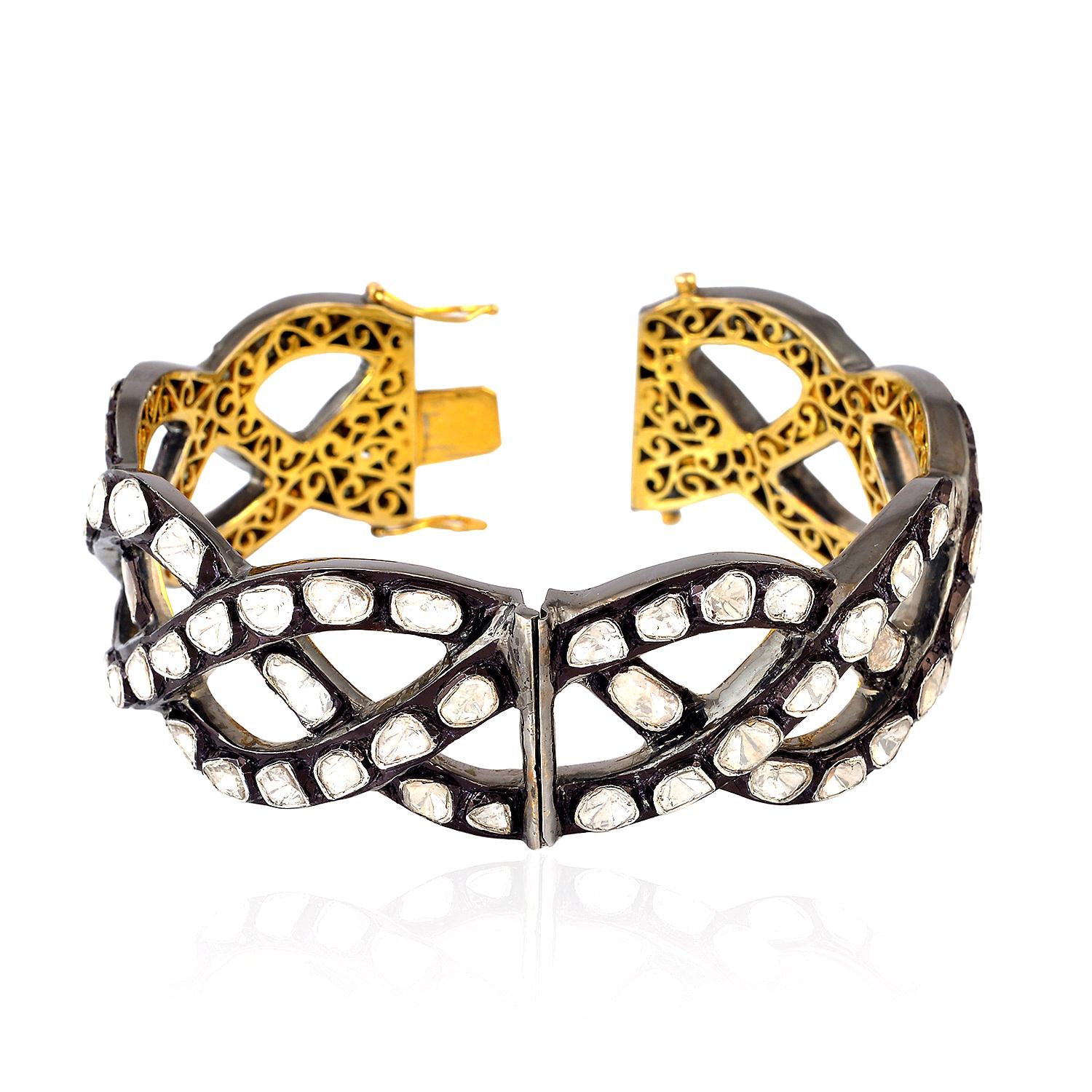 Art déco Bracelet manchette filigrane en or jaune 18 carats et argent avec diamants taille rose en vente