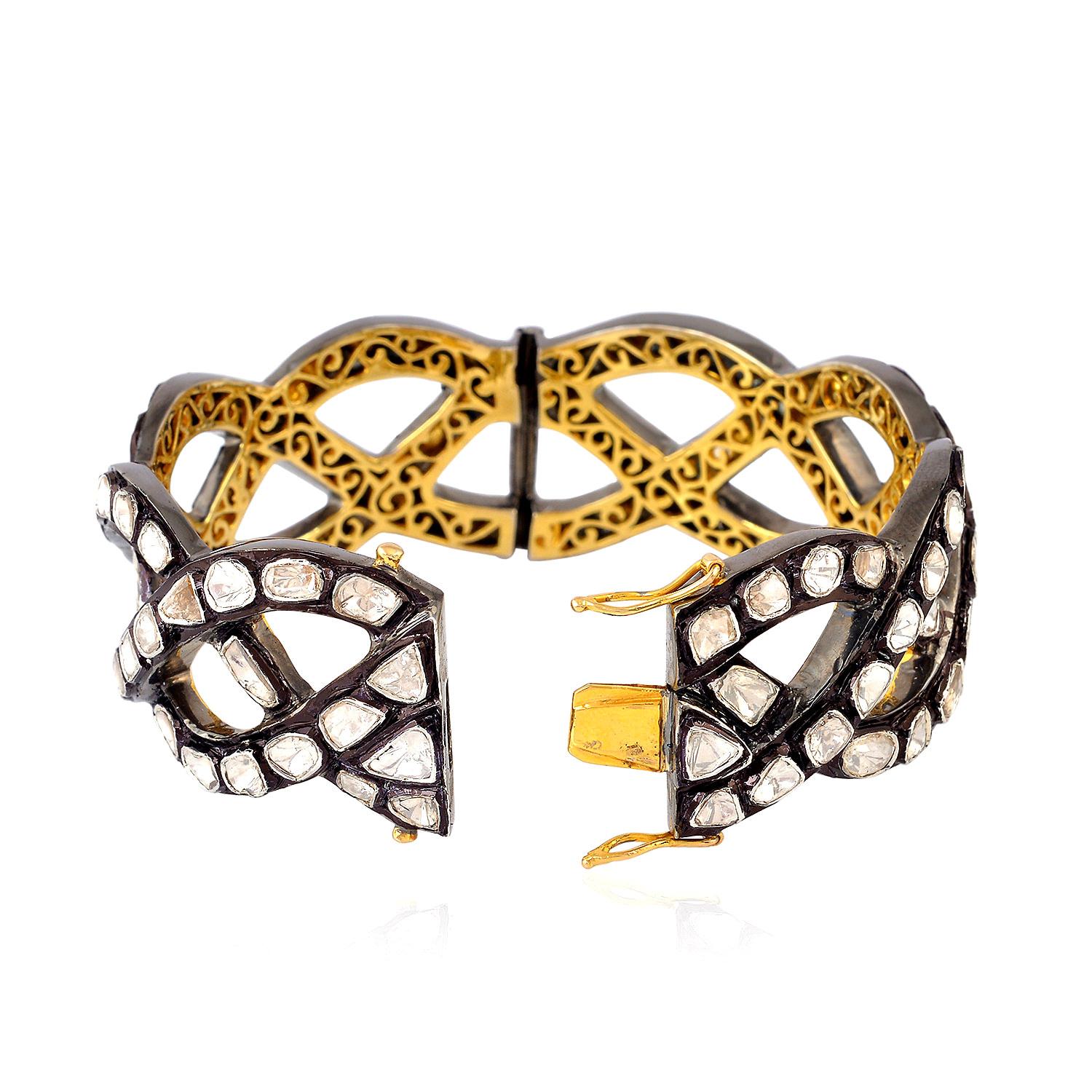 Taille rose Bracelet manchette filigrane en or jaune 18 carats et argent avec diamants taille rose en vente