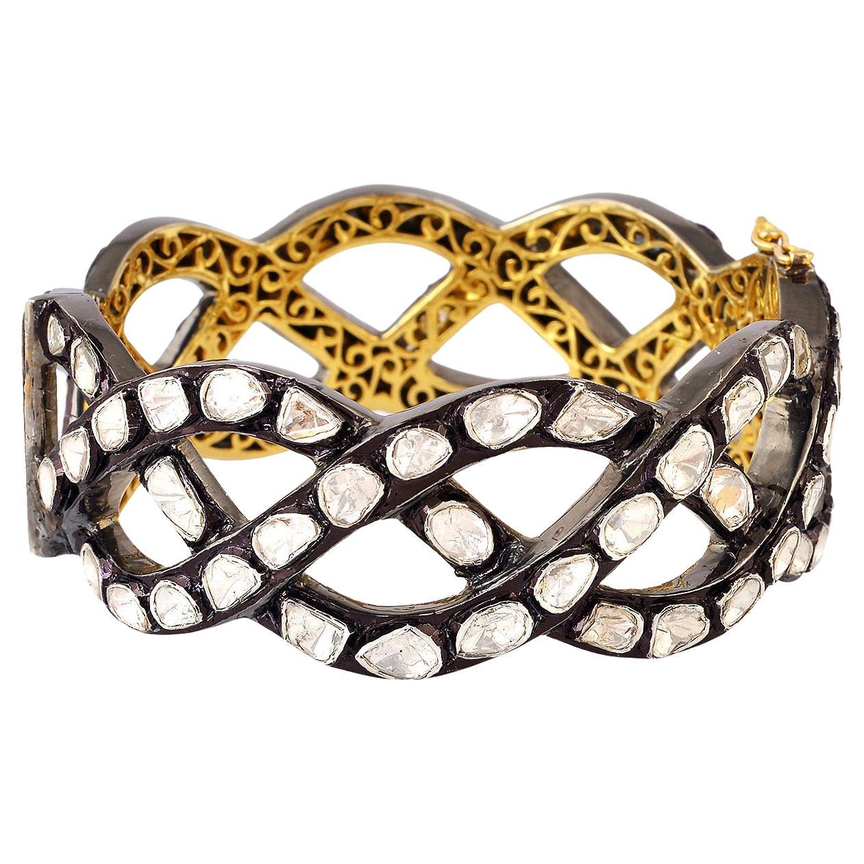 Bracelet manchette filigrane en or jaune 18 carats et argent avec diamants taille rose en vente