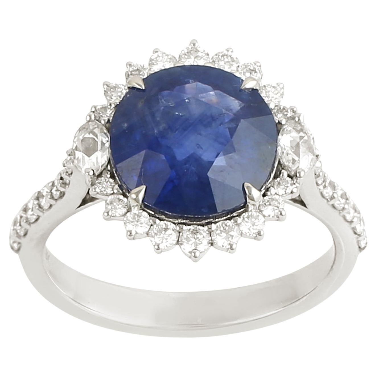 Rose Cut Round Shaped Blue Sapphire Cocktail Ring With Diamonds In 18k Gold