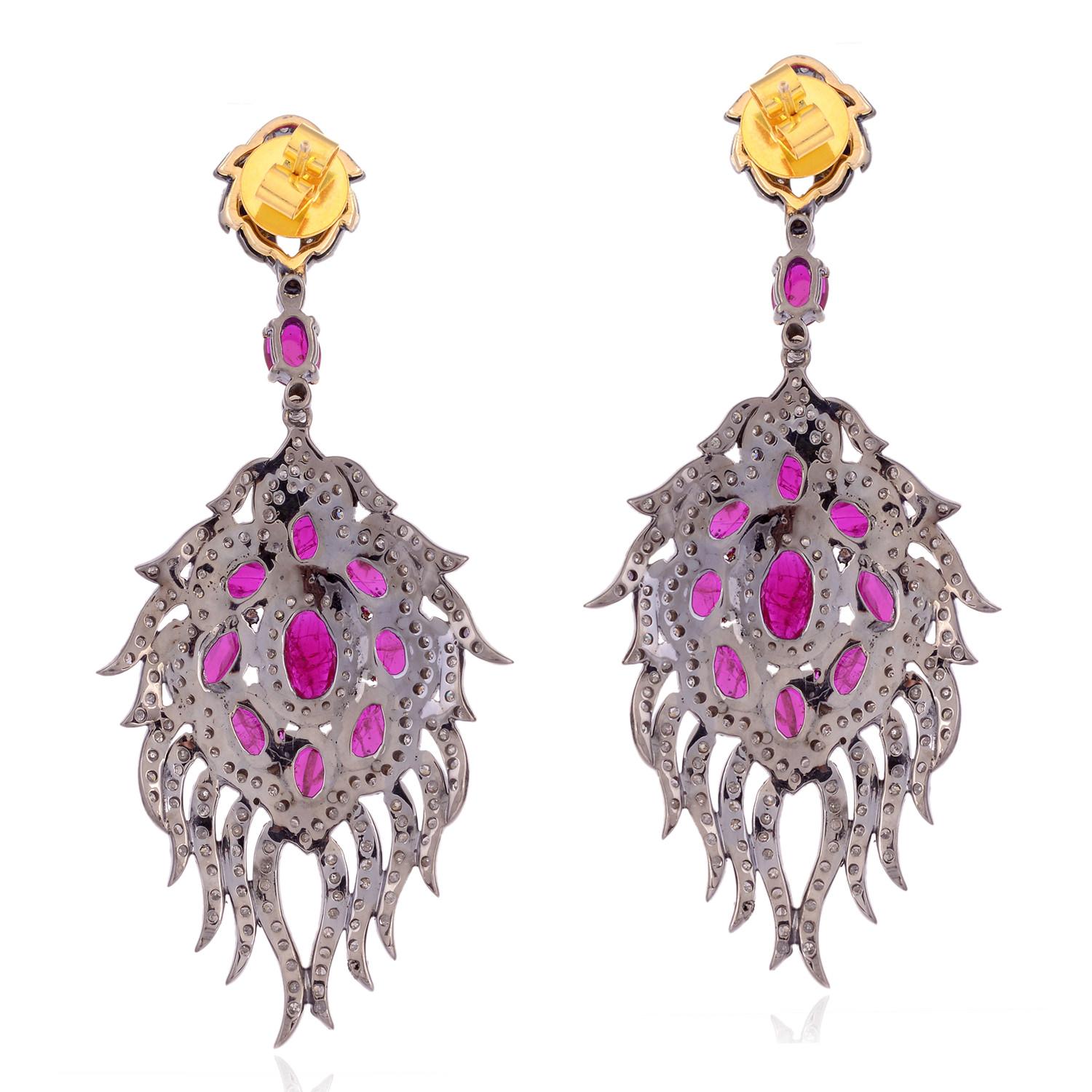Art Deco Rose Cut Ruby Dangle Earrings with Pave Diamonds Made in 18k Gold & Silver For Sale