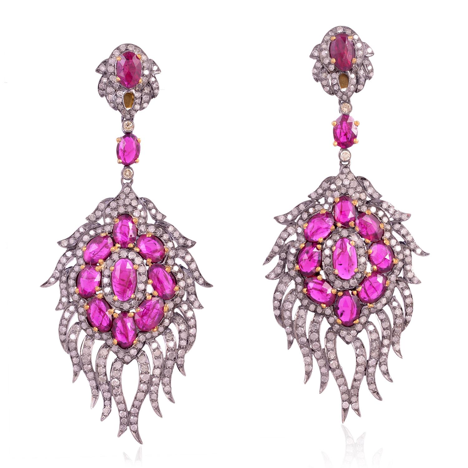 Mixed Cut Rose Cut Ruby Dangle Earrings with Pave Diamonds Made in 18k Gold & Silver For Sale
