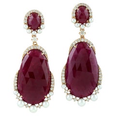 Rose cut Ruby Dangle Earrings With Pearl & Diamonds Made In 18k Rose Gold
