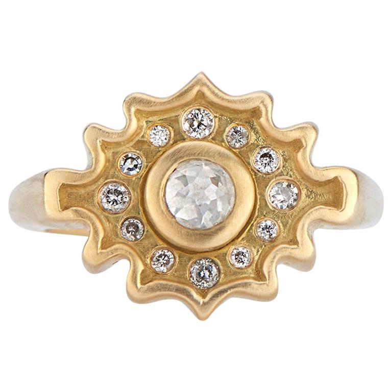 Rose Cut Salt and Pepper Diamond Ring in Yellow Gold For Sale
