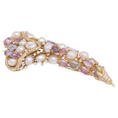 Rose Cut Sapphire & 27 Ct Certified Baroque Natural Pearls Flower Bouquet Brooch