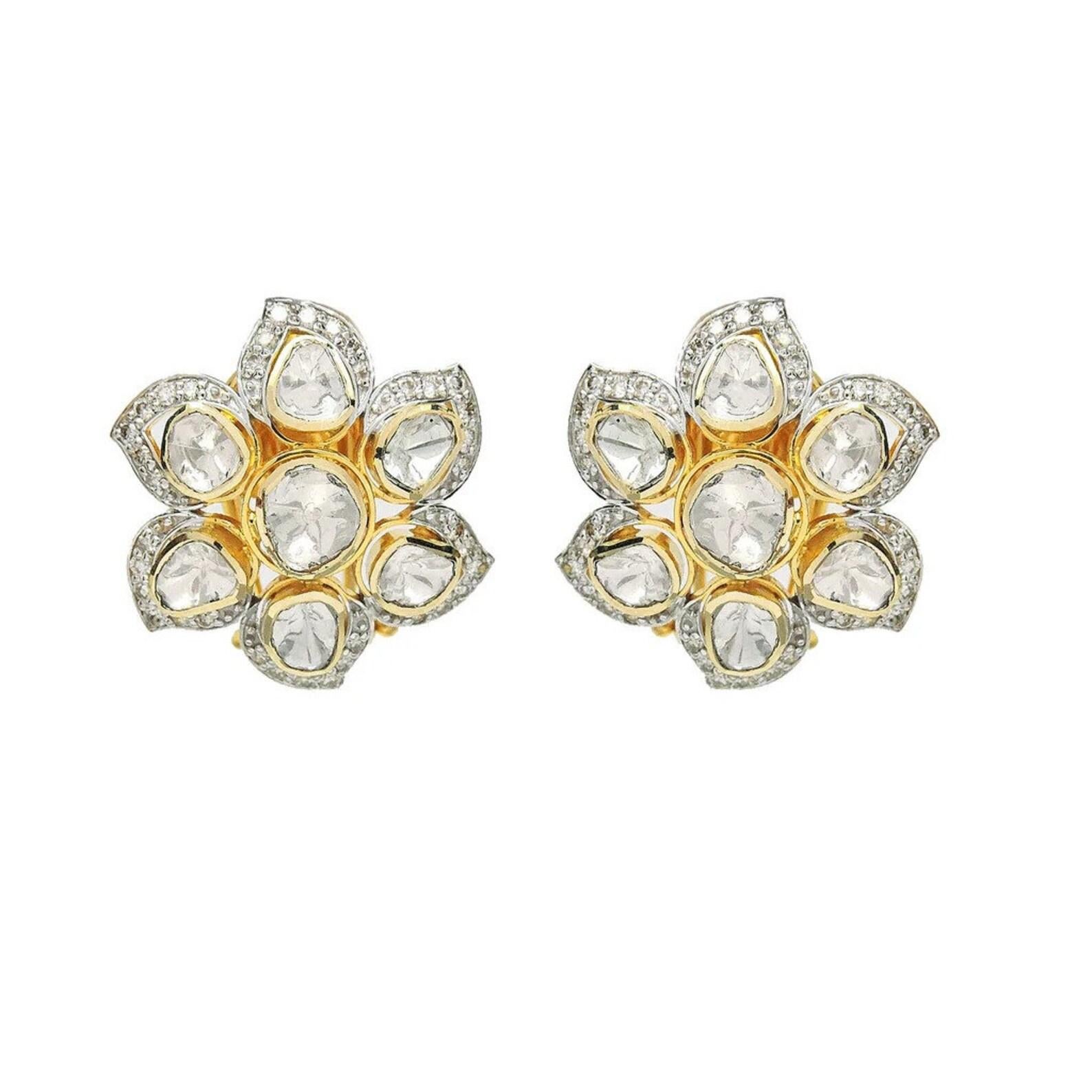Rose Cut Slice Polki Diamond Earring 925 Sterling Silver 1 Pair Earring Gift. In New Condition In Chicago, IL