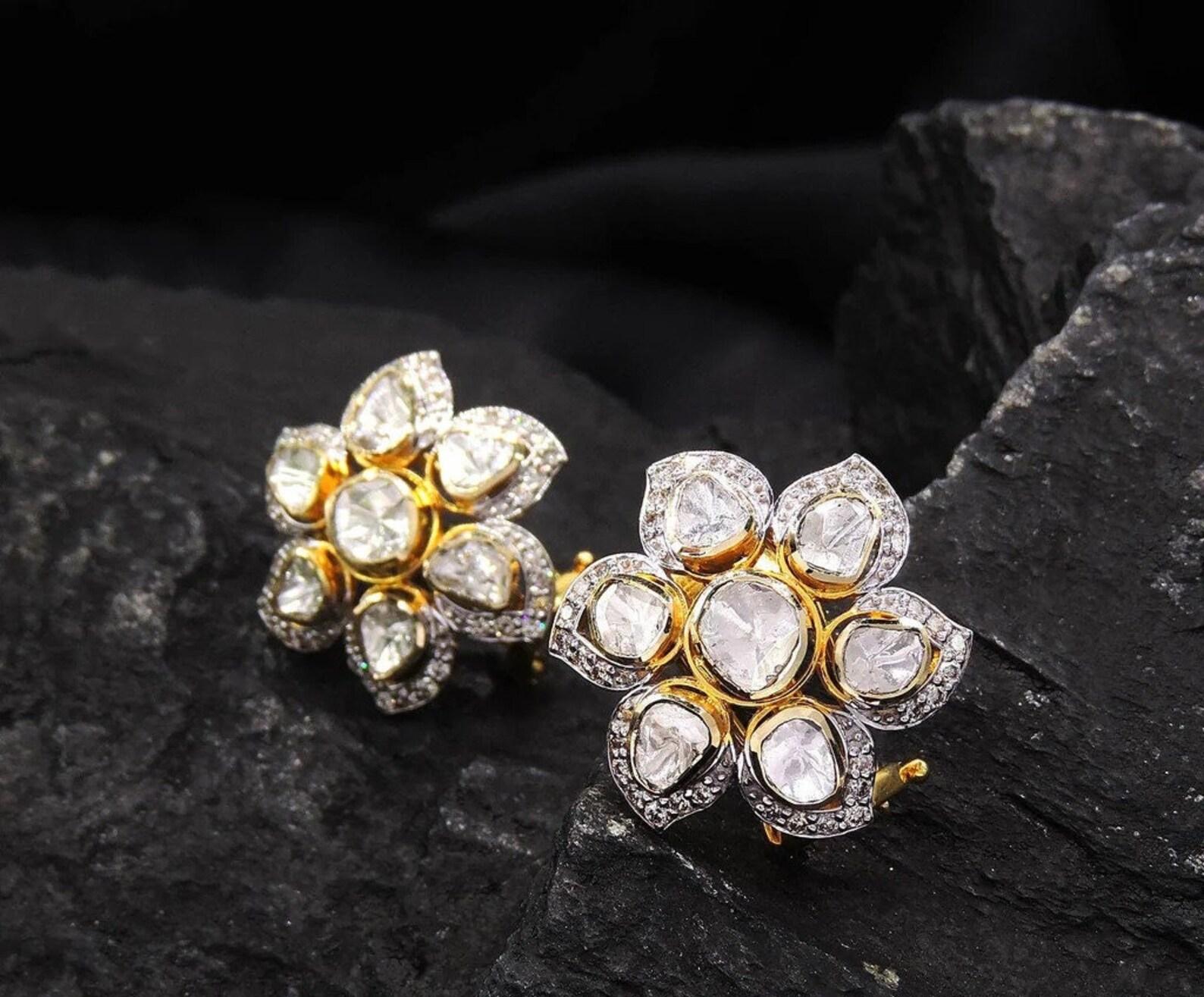 Rose Cut Slice Polki Diamond Earring 925 Sterling Silver 1 Pair Earring Gift. 1