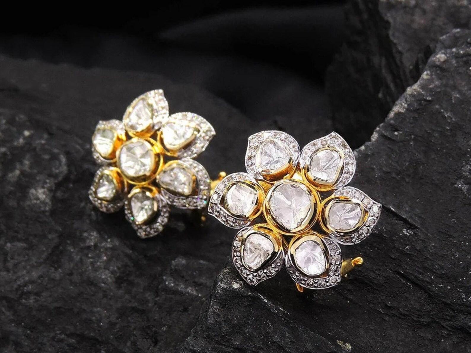 Rose Cut Slice Polki Diamond Earring 925 Sterling Silver 1 Pair Earring Gift. 3