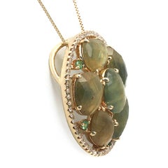 Rose Cut Sliced 11.98 Ct Green Sapphire 0.40 Ct Diamond 14k yellow Gold Necklace