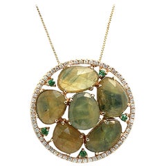 Rose Cut Sliced 11.98 Ct Green Sapphire 0.40 Ct Diamond 14k yellow Gold Necklace