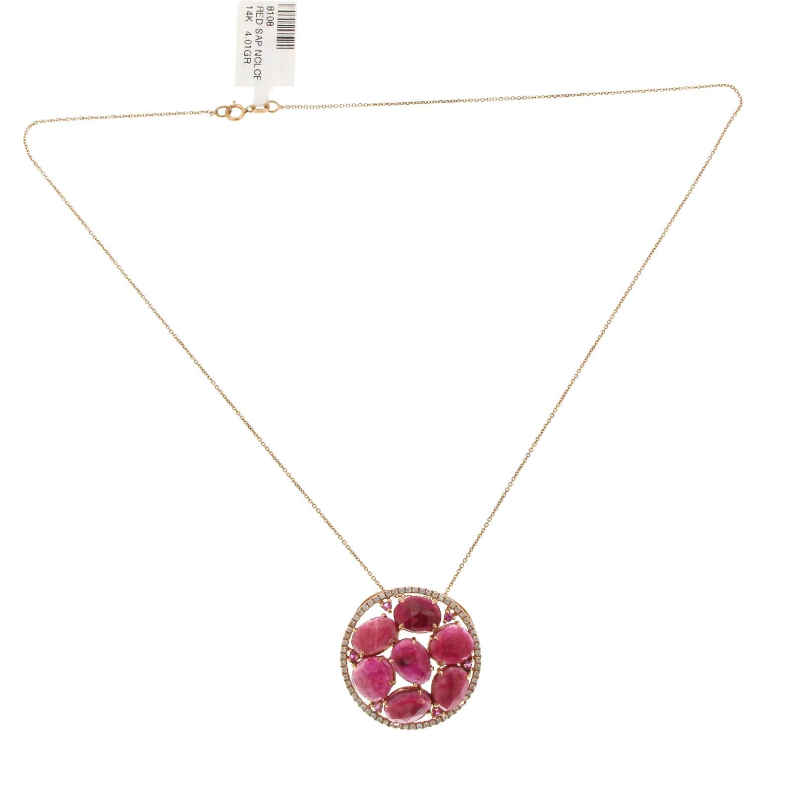 Rose Cut Sliced 12.38 Ct Red Sapphire 0.40 Ct Diamond 14k Rose Gold Necklace For Sale